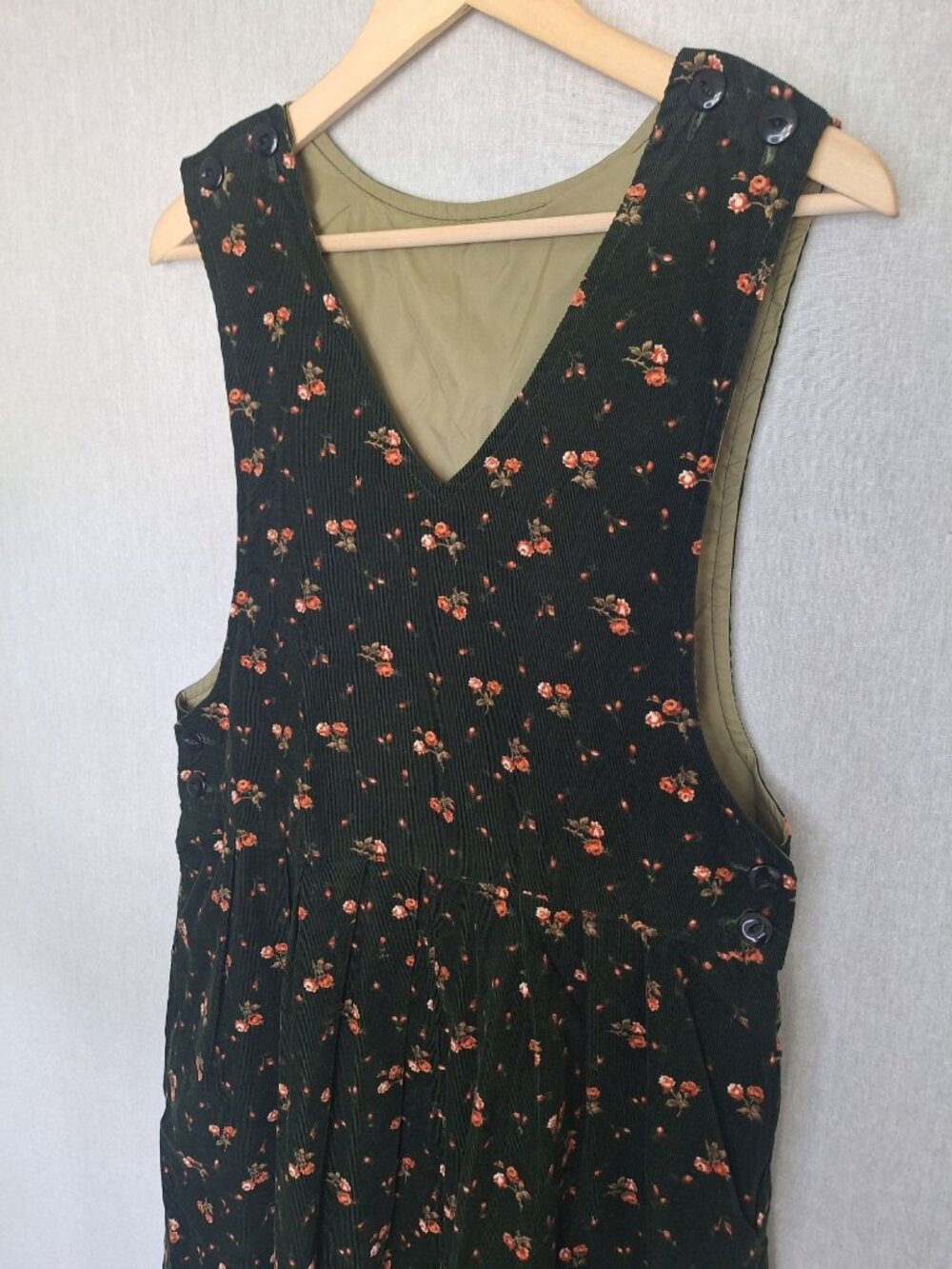 💙 Floral Corduroy Pinafore Midi Dress Size M Pleated Olive Green Sleeveless Jum - Picture 2 of 8